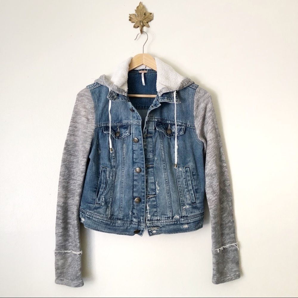 Free People Half Knit Distressed Denim Jacket